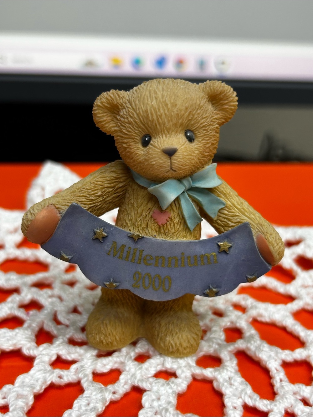 Cherished Teddies Millennium 2000 Beige Bear Figurine with Blue Ribbon